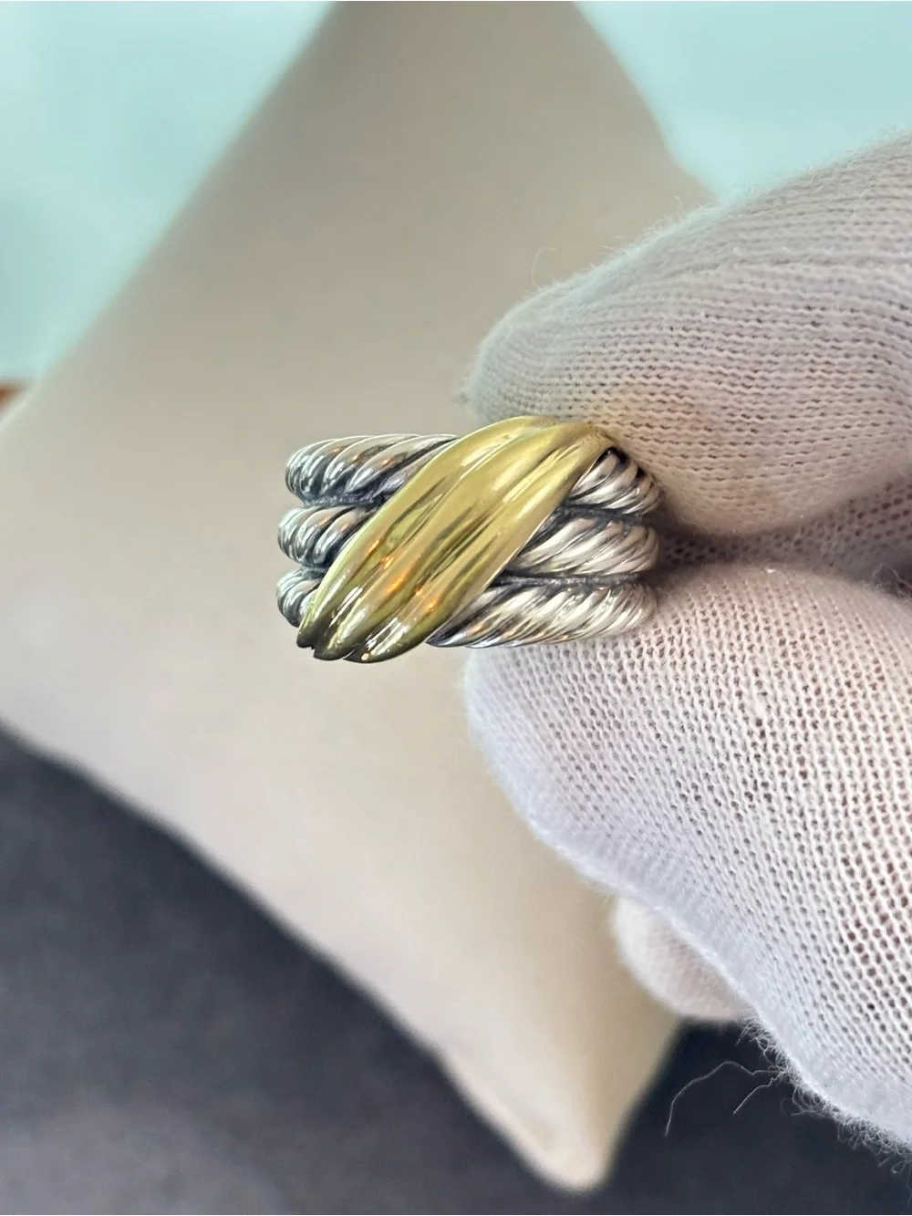 David Yurman 925 & 14k Gold Crossover Cable Ring 5